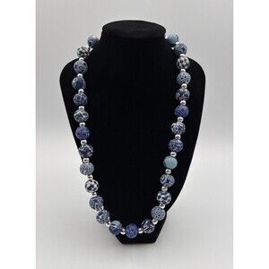 Jilzara Blue Patterned Beaded Necklace Silver Tone Spacer Long 20"